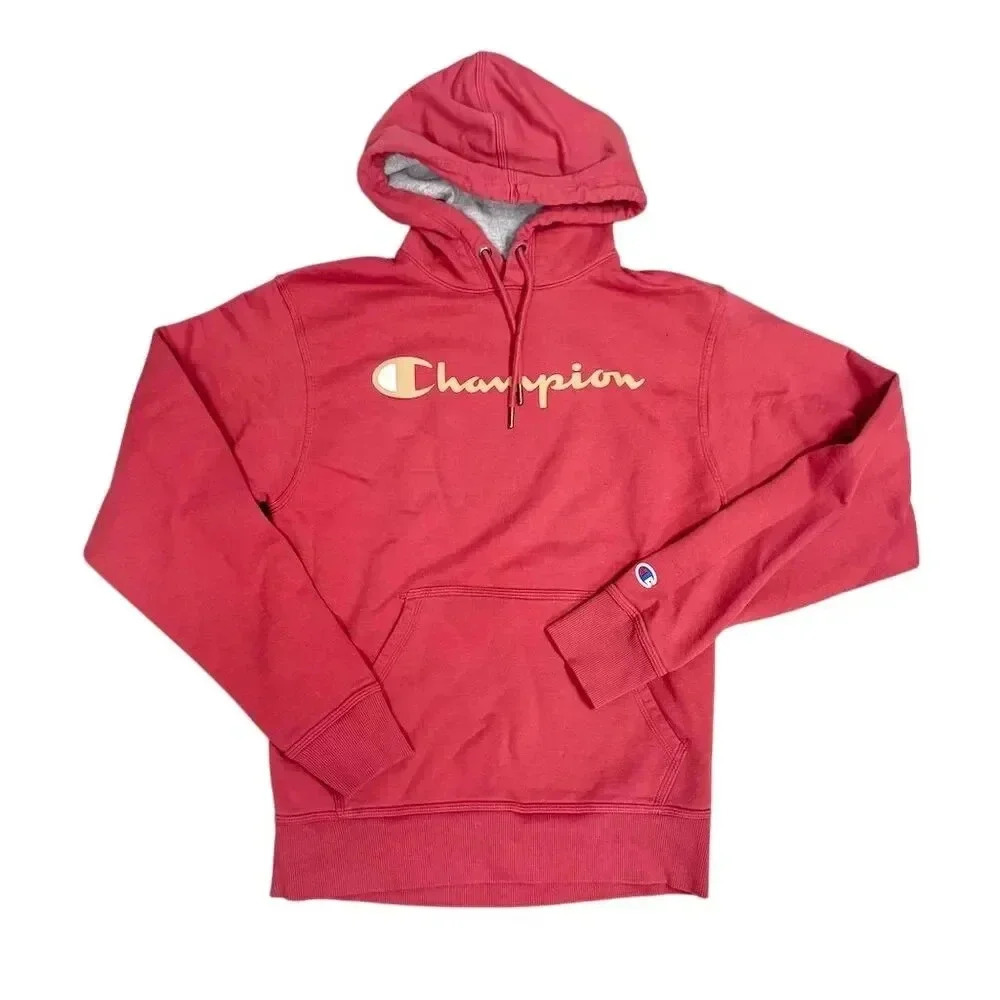 Champion Mens Red Pullover Hoodie Yellow Logo Size Small Cotton Poly